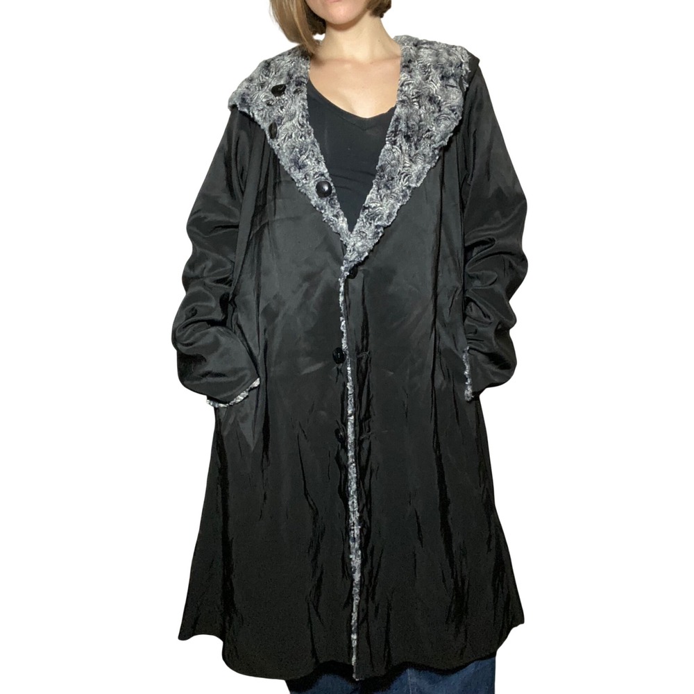 Whimsy Glam Black Grey Reversible Faux Fur Hooded Trench Coat Vintage Style - XL